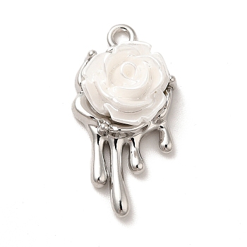 Opaque Resin Pendants, White Rose Charms, with Alloy Findings, Platinum, 24.5x13x8.5mm, Hole: 1.6mm