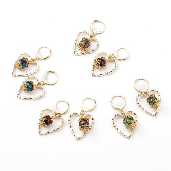 304 Stainless Steel Huggie Hoop Earrings, with Lampwork Round Beads and Alloy Pendants, Textured Heart, Golden, Mixed Color, 39mm, Pin: 0.7mm