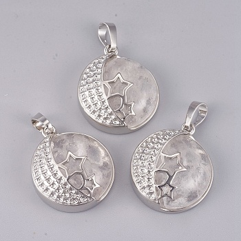 Natural Quartz Crystal Pendants, with Brass Findings, Flat Round with Star, Platinum, 26x23x9mm, Hole: 5x7mm