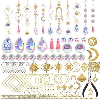 DIY Moon & Sun & Star Suncatchers Making Kit, Including Brass Chains & Pendant & Connector Links, Glass Beads & Charms, Golden, 150x90x40mm