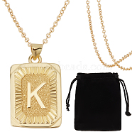 1Pc Brass Pendants, 1Pc Brass Cable Chain Necklaces, 1Pc Rectangle Velvet Pouches, Letter K, 23~445x15.5~70x2mm(NJEW-BBC0001-18K)