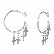 304 Stainless Steel Dangle Stud Earrings, Half Hoop Earrings, with Ear Nuts, Cross, Stainless Steel Color, 32x33.5x2mm, Pin: 0.7mm(EJEW-JE04173-04)