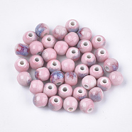 Handmade Porcelain Beads, Fancy Antique Glazed Porcelain, Round, Pink, 7.5~8x7~7.5mm, Hole: 2~2.5mm(PORC-S498-19A-01)