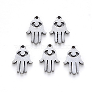 Religion 201 Stainless Steel Charms, Laser Cut, Hamsa Hand/Hand of Fatima/Hand of Miriam, Stainless Steel Color, 15.5x10x1mm, Hole: 1.2mm(STAS-N092-29)