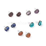 Flat Round with Mixed Gemstone Chip Beads Stud Earrings for Girl Women, 304 Stainless Steel Earrings, Stainless Steel Color, 12mm, Pin: 1mm, 5pairs/set(EJEW-JE04669)