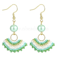 Glass Beaded Fan with Imitation Pearl Dangle Earrings, Golden 304 Stainless Steel Jewelry for Women, Aquamarine, 52mm, Pin: 0.8mm(EJEW-MZ00066)