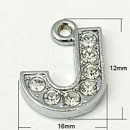 Alloy Rhinestone Letter M Charm Pendants, Grade A, Platinum Color, Crystal, 16~18x12~17x2mm, Hole: 1mm(X-RB-C1416-J)