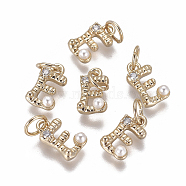 Brass Charms, with Cubic Zirconia and Shell Pearl Bead, Letter, Golden, Clear, Letter.E, 9.5~11x3.5~10.8x3~3.5mm, Hole: 3.5mm(KK-L179-08E-G)