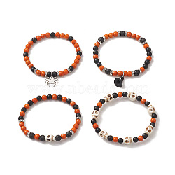 4Pcs 4 Style Dyed Natural & Synthetic Mixed Gemstone Skull Beaded Stretch Bracelets Set, Spider & Witch Hat Alloy Charms Stackable Bracelets for Halloween, Mixed Color, Inner Diameter: 2-3/8 inch(6cm), 1Pc/style(BJEW-JB09324)