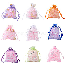 Kissitty 100Pcs 2 Style Gold Stamping Butterfly Rectangle Organza Gift Bags, Jewelry Packing Drawable Pouches, Mixed Color, 9~12x7~9cm, 50pcs/style(OP-KS0001-01)