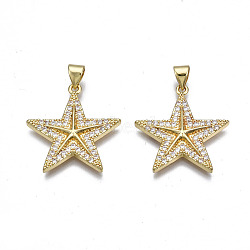 Brass Micro Pave Cubic Zirconia Pendants, Real 16K Gold Plated, Nickel free, Star, Clear, 24x23x3mm, Hole: 3x5mm(ZIRC-N039-158A-NF)