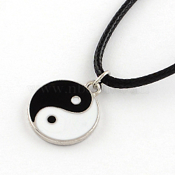Feng Shui Yin Yang Platinum Plated Zinc Alloy Enamel Pendant Necklaces with Waxed Cord and Iron End Extender Chains, Black, 17 inch(NJEW-R228-66P)