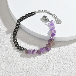 Natural Amethyst Chips Beaded Bracelet, with Black Stainless Steel Curb Chains, 6-1/4 inch(16cm)(PW-WG77007-09)