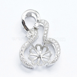 Sterling Silver Cubic Zirconia Pendant Pinch Bails, For Half Drilled Beads, Carved 925, Flower, Platinum, 21x15x5mm, Hole: 3x6mm, Tray: 8mm, Pin: 0.8mm(STER-G028-065P)