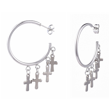 304 Stainless Steel Dangle Stud Earrings, Half Hoop Earrings, with Ear Nuts, Cross, Stainless Steel Color, 32x33.5x2mm, Pin: 0.7mm