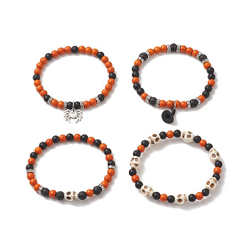4Pcs 4 Style Dyed Natural & Synthetic Mixed Gemstone Skull Beaded Stretch Bracelets Set, Spider & Witch Hat Alloy Charms Stackable Bracelets for Halloween, Mixed Color, Inner Diameter: 2-3/8 inch(6cm), 1Pc/style