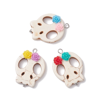 Halloween Dyed Synthetic Turquoise Pendants, Skull Charms with Flower Resin, Mixed Color, 34x25x7mm, Hole: 3mm