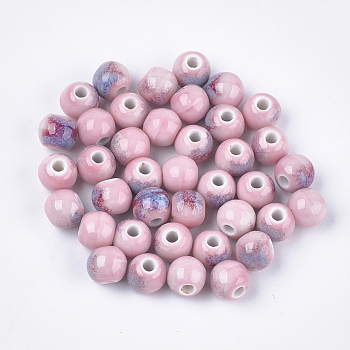 Handmade Porcelain Beads, Fancy Antique Glazed Porcelain, Round, Pink, 7.5~8x7~7.5mm, Hole: 2~2.5mm