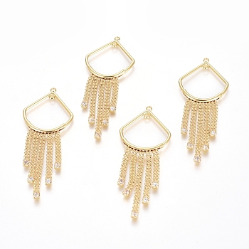 Brass Micro Pave Cubic Zirconia Links connectors, Long-Lasting Plated, Tassel, Clear, Real 18K Gold Plated, 67x25.5x2.5mm