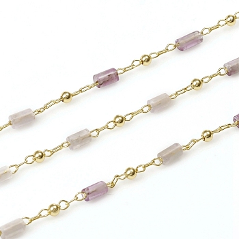 3.28 Feet Handmade Natural Amethyst Beaded Chains, Real 18K Gold Plated Plated Brass Chains, Soldered, Long-Lasting Plated, 4~5x2~2.5mm, Beads: 2mm, Link: 2x1x0.2mm and 2x1.5x0.2mm