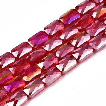 Electroplate Opaque Solid Color Glass Beads Strands, AB Color Plated, Faceted, Rectangle, Red, 7x4x3mm, Hole: 1mm, about 79~80pcs/strand, 20.47 inch(52cm)