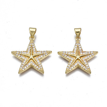 Brass Micro Pave Cubic Zirconia Pendants, Real 16K Gold Plated, Nickel free, Star, Clear, 24x23x3mm, Hole: 3x5mm
