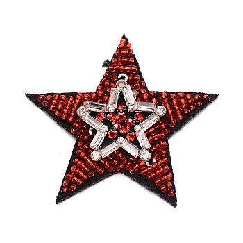 Computerized Embroidery Cloth Iron on/Sew on Patches, Costume Accessories, with Glass Seed Beads and Rhinestone, Star, Red, 64x62x5.5mm