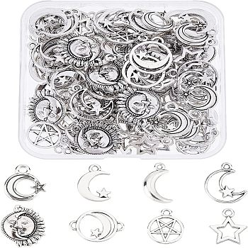 96Pcs 8 Style Tibetan Style Alloy Pendants, Moon & Sun & Star, Lead Free & Cadmium Free, Antique Silver, 15~20x9.5~20.5x1~13mm, Hole: 1.6~2.5mm, 12pcs/style