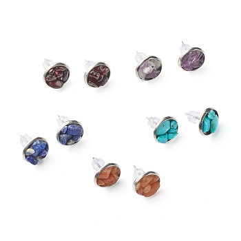 Flat Round with Mixed Gemstone Chip Beads Stud Earrings for Girl Women, 304 Stainless Steel Earrings, Stainless Steel Color, 12mm, Pin: 1mm, 5pairs/set