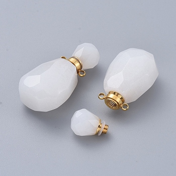 Faceted Natural White Jade Openable Perfume Bottle Pendants, with Golden Tone 304 Stainless Steel Findings, 36.5~37x18~18.5x13.5mm, Hole: 1.8mm, Bottle Capacity: 1ml(0.034 fl. oz)