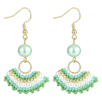 Glass Beaded Fan with Imitation Pearl Dangle Earrings, Golden 304 Stainless Steel Jewelry for Women, Aquamarine, 52mm, Pin: 0.8mm