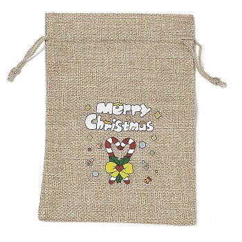 Christmas Printed Burlap Packing Pouches Drawstring Bags, Rectangle, Tan, Candy Cane, 18x13x0.01cm