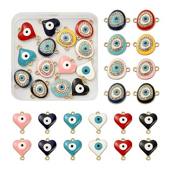 28Pcs 14 Style Rack Plating Alloy Enamel Link Connectors, Irregular Flat Round & Heart with Evil Eye, Mixed Color, 17~20x16~20x3mm, Hole: 1.6mm, 2pcs/style