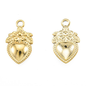 Ion Plating(IP) 201 Stainless Steel Pendants, Heart with Flower, Real 18K Gold Plated, 21x13x2.5mm, Hole: 2mm