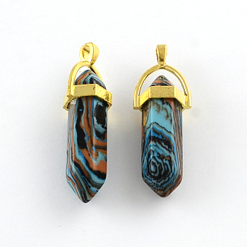 Malachite Stone Pendants with Alloy Findings, Golden, 40~42x13.5x10mm, Hole: 2mm