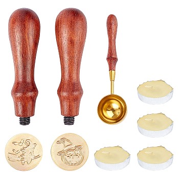 CRASPIRE DIY Halloween Theme Letter Seal Kits, with Brass Wax Seal Stamp and Wood Handle Sets, Candle and Sealing Stamp Wax Spoons, Golden, Stamp: 90mm, 2pcs/set