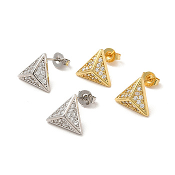 Rack Plating Brass Micro Pave Clear Cubic Zirconia Triangle Stud Earrings, Long-Lasting Plated, Lead Free & Cadmium Free, Mixed Color, 10x11mm, Pin: 0.7mm