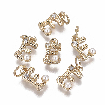 Brass Charms, with Cubic Zirconia and Shell Pearl Bead, Letter, Golden, Clear, Letter.E, 9.5~11x3.5~10.8x3~3.5mm, Hole: 3.5mm