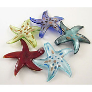 Handmade Silver Foil Glass Big Pendants, with Gold Sand, Starfish/Sea Stars, Mixed Color, about 62mm wide, 62~64mm long, hole: 6mm(X-SLSP120Y)