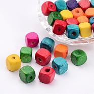 Mixed Lead Free Cube Natural Wood Beads, Dyed, 10mm, hole: about 3.5mm(X-YTB027)