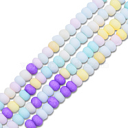 Opaque Spray Painted Glass Bead Strands, Frosted, Flat Round, Champagne Yellow, 4~4.5x3mm, Hole: 1mm, about 133~135pcs/strand, 15.43 inch~15.75 inch(39.2~40cm)(GLAA-N047-07-02)