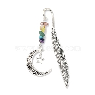Alloy Feather Bookmark with Moon & Star, Gemstone Chip Beaded Pendant Bookmark, Antique Silver, 182mm(AJEW-TA00017)