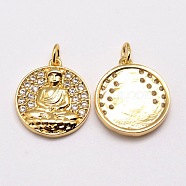 Brass Pendants, Micro Pave Grade AAA Cubic Zirconia, Flat Round with Buddha, Cadmium Free & Nickel Free & Lead Free, Real 18K Gold Plated, 16x14x2.5mm, Hole: 2mm(X-ZIRC-G022-04-NR)