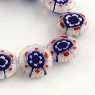 Handmade Millefiori Glass Beads Strands, Flat Round, Medium Blue, 12x4mm, Hole: 1mm, about 33pcs/strand, 14.5 inch(LK-R004-01D)