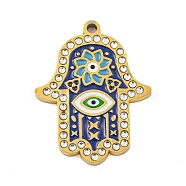 Ion Plating(IP) 304 Stainless Steel Rhinestone Pendants, with Enamel, Hamsa Hand with Flower & Evil Eye Charm, Real 18K Gold Plated, 26x20.5x2mm, Hole: 1.6mm(STAS-U007-11A-G)