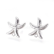Brass Stud Earring Findings, with Plastic Ear Nuts and Loop, Long-Lasting Plated, Starfish/Sea Stars, Platinum, 18x17x2mm, Hole: 1.2mm, Pin: 0.7mm(KK-F809-15P)