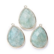 Faceted Natural Amazonite Pendants, with Light Gold Plated Brass Edge and Loop, Teardrop, 28.5~29.5x19~20x7mm, Hole: 1.2mm(G-M356-B03-LG)