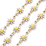 304 Stainless Steel Handmade Beaded Chain, with Enamel, with Spool, Soldered, Real 18K Gold Plated, Flower, White, 13x7.5x2mm, about 16.40 Feet(5m)/Roll(CHS-K019-06G-02)