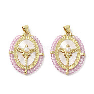 Brass Pave Shell Pendants, Oval Charms with Glass Beads Wrapped and ABS Imitation Pearl Beads, Real 18K Gold Plated, Pink, 31~32x23.5x4.5mm, Hole: 3.5x4.5mm(KK-I708-01C-G)
