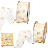 Elite 2 Rolls 2 Styles Printed Organza Ribbons, for Gift Wrapping, Valentine's Day, Wedding, Birthday Party Decorate, Hot Stamping Flower & Polka Dot Pattern, Gold, 1 inch(25mm), about 10.9yards(10m)/roll, 1 roll/style(SRIB-PH0001-29)